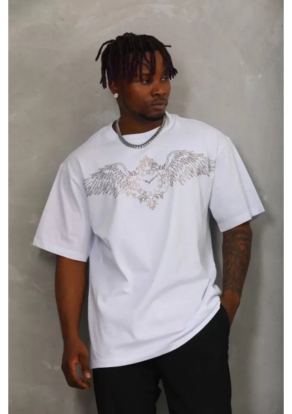Oversize Taşlı Bisiklet Yaka T-Shirt - Beyaz