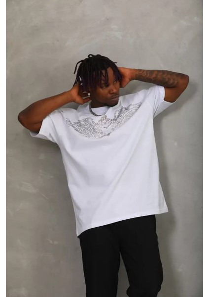 Oversize Taşlı Bisiklet Yaka T-Shirt - Beyaz