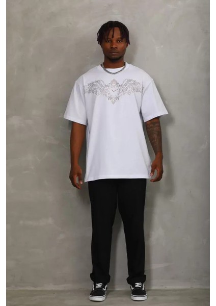 Oversize Taşlı Bisiklet Yaka T-Shirt - Beyaz