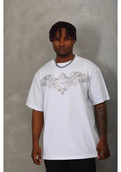 Oversize Taşlı Bisiklet Yaka T-Shirt - Beyaz