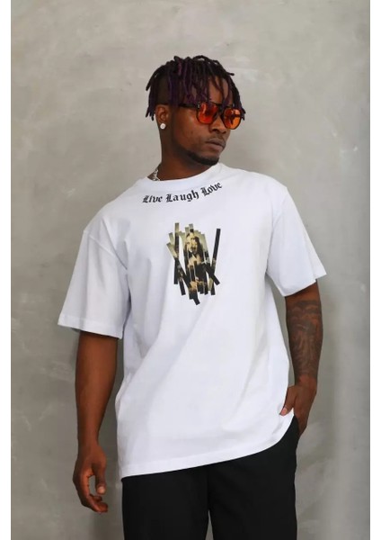 Oversize Baskılı Bisiklet Yaka T-Shirt - Beyaz