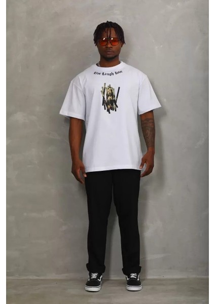Oversize Baskılı Bisiklet Yaka T-Shirt - Beyaz fırsatları