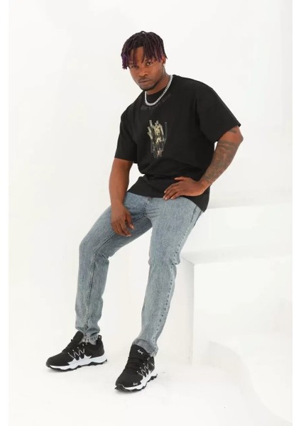 Oversize Baskılı Bisiklet Yaka T-Shirt - Siyah