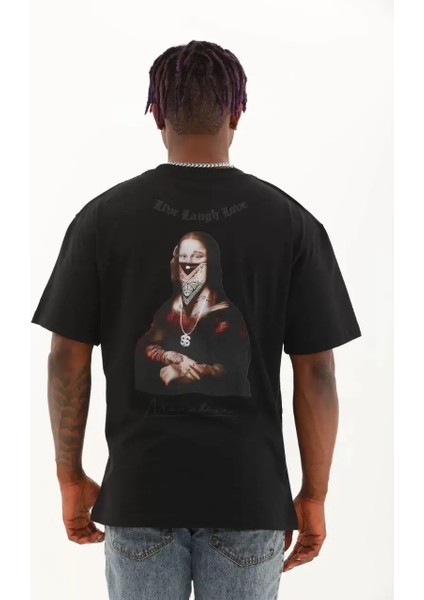 Oversize Baskılı Bisiklet Yaka T-Shirt - Siyah
