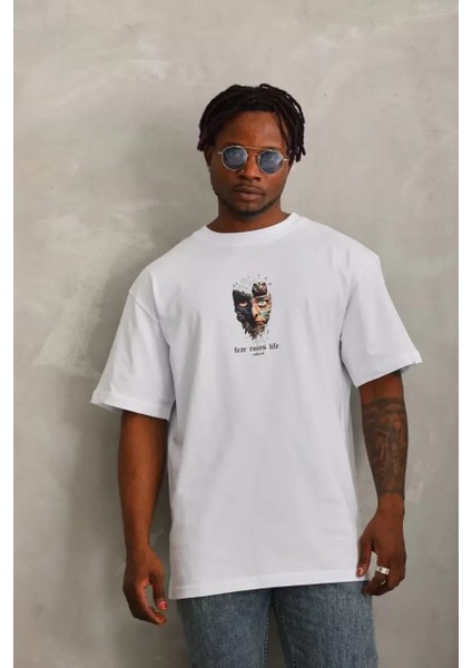 Oversize Baskılı Bisiklet Yaka T-Shirt - Beyaz modelleri
