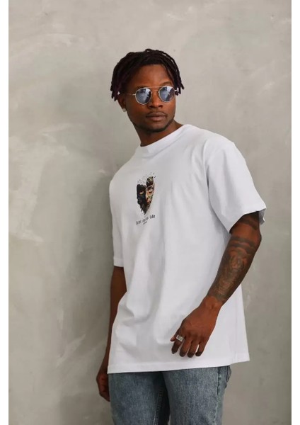 Oversize Baskılı Bisiklet Yaka T-Shirt - Beyaz fırsatları
