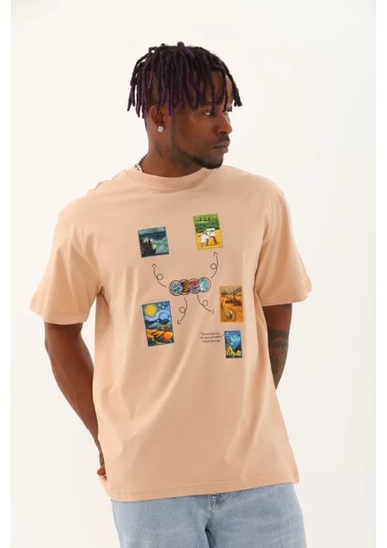 Oversize Baskılı Bisiklet Yaka T-Shirt - Bej