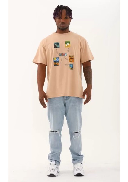 Oversize Baskılı Bisiklet Yaka T-Shirt - Bej