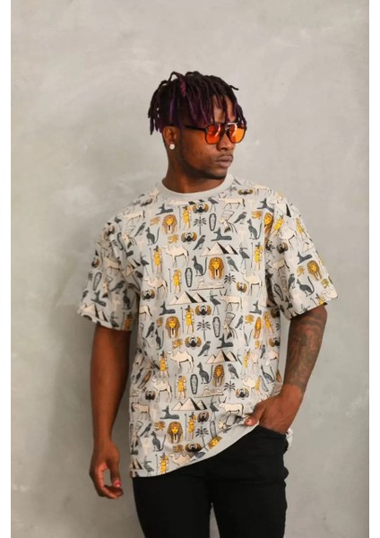 Oversize Baskılı Bisiklet Yaka T-Shirt - Gri