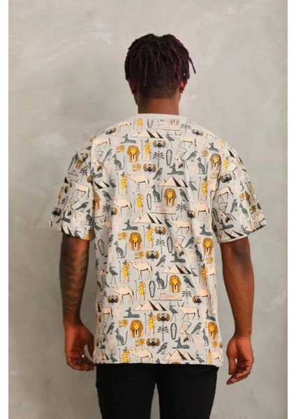 Oversize Baskılı Bisiklet Yaka T-Shirt - Gri