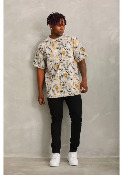 Oversize Baskılı Bisiklet Yaka T-Shirt - Gri