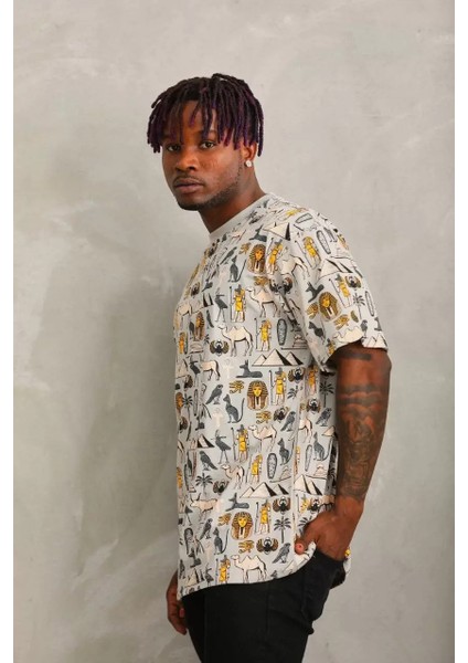 Oversize Baskılı Bisiklet Yaka T-Shirt - Gri