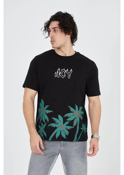 Erkek Baskılı Bisiklet Yaka T-Shirt - Siyah