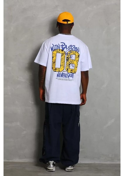 Oversize Baskılı Bisiklet Yaka T-Shirt - Beyaz fiyatları