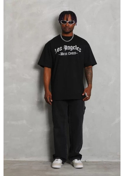 Oversize Baskılı Bisiklet Yaka T-Shirt - Siyah