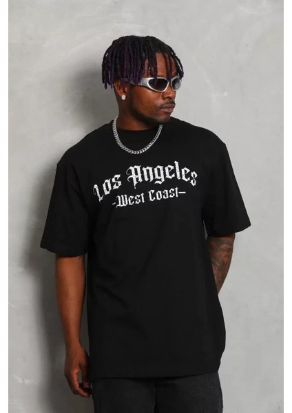 Oversize Baskılı Bisiklet Yaka T-Shirt - Siyah fırsatları