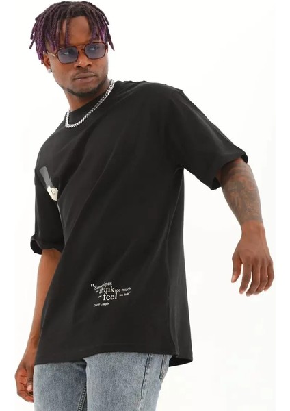 Oversize Baskılı Bisiklet Yaka T-Shirt - Siyah