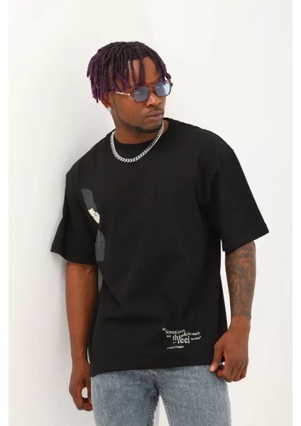 Oversize Baskılı Bisiklet Yaka T-Shirt - Siyah