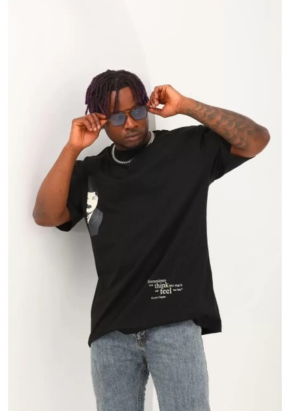 Oversize Baskılı Bisiklet Yaka T-Shirt - Siyah