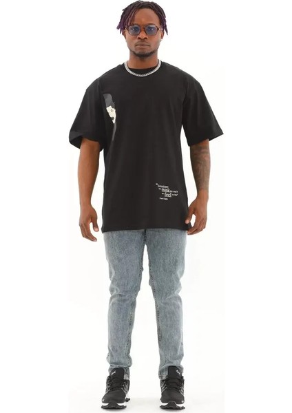 Oversize Baskılı Bisiklet Yaka T-Shirt - Siyah