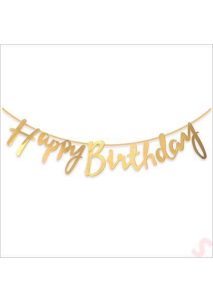 Happy Birthday Parlak Karton Kaligrafi Banner, 2 mt - Altın