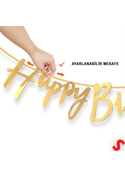 Happy Birthday Parlak Karton Kaligrafi Banner, 2 mt - Altın modelleri