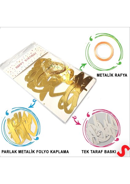 Happy Birthday Parlak Karton Kaligrafi Banner, 2 mt - Altın indirimleri