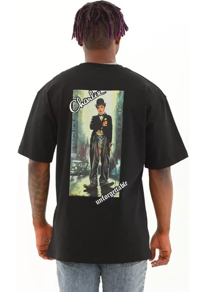 Oversize Baskılı Bisiklet Yaka T-Shirt - Siyah