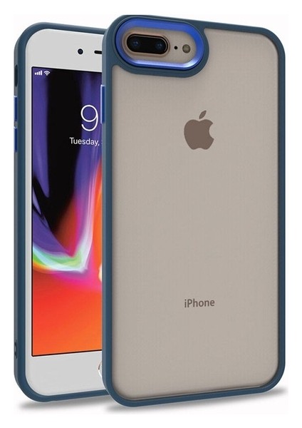 Apple iPhone 8 Plus Uyumlu Kılıf Sert Silikon Renkli Şerit Tasarımlı Parlak Flora Kapak, Mavi