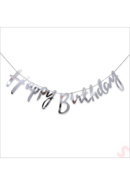Happy Birthday Parlak Karton Kaligrafi Banner, 2 mt - Gümüş