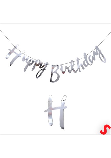 Happy Birthday Parlak Karton Kaligrafi Banner, 2 mt - Gümüş fiyatları