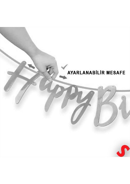 Happy Birthday Parlak Karton Kaligrafi Banner, 2 mt - Gümüş modelleri