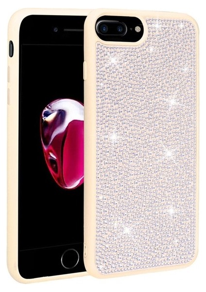 Apple iPhone 8 Plus Uyumlu Kılıf Parlak Taşlı Tasarım Ston Kapak, Beyaz