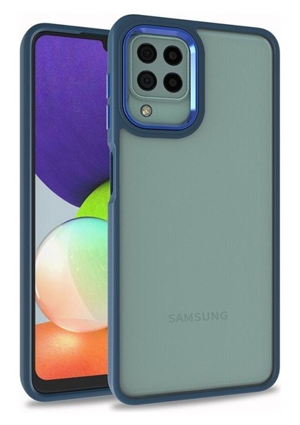 Samsung Galaxy A22 4g Uyumlu Kılıf Sert Silikon Renkli Şerit Tasarımlı Parlak Flora Kapak, Mavi
