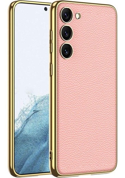 Samsung Galaxy S23 Plus Uyumlu Kılıf Deri Görünümlü Kenarları Elektroplating Kaplama Fizyon Kapak, Pembe