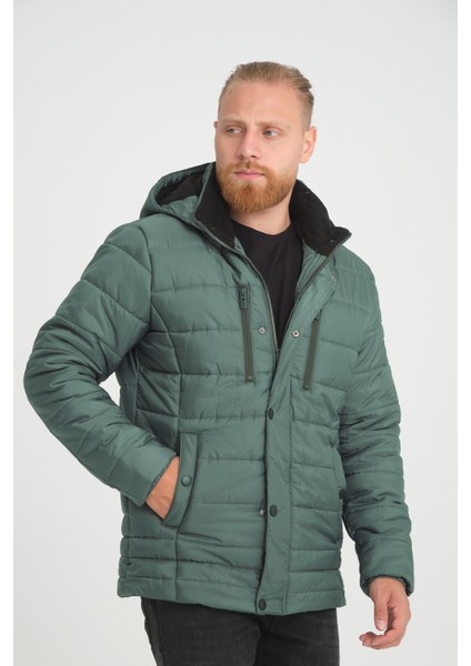 Erkek Kapüşonlu Içi Polarlı %100 Polyester Şişme Mont