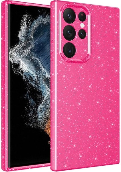 Samsung Galaxy S22 Ultra Uyumlu Kılıf Kamera Korumalı Simli Lüks Koton Kapak Pembe Koyu