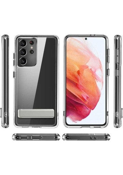 Samsung Galaxy S21 Ultra Uyumlu Kılıf Standlı Şeffaf Silikon L-Stand Kapak