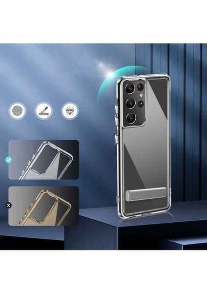 Samsung Galaxy S21 Ultra Uyumlu Kılıf Standlı Şeffaf Silikon L-Stand Kapak