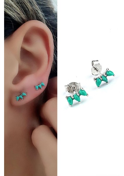 Italyan Tasarımı 925AYAR Gümüş Turkuaz Taşlı Tasarımı Küpe