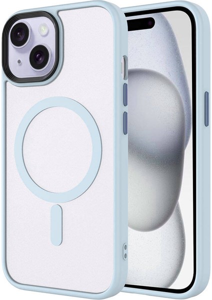 iPhone 15 Uyumlu Kılıf Mat Arka Yüzey Wireless Şarj Özellikli Flet Magsafe Kapak Mavi Açık