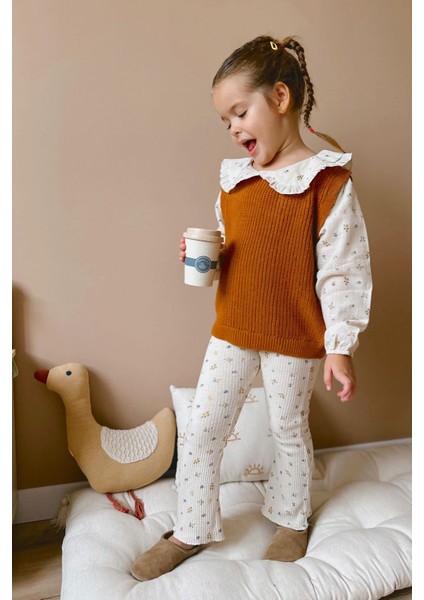 (2-7 Yaş) Dokuma Yaka ve Kol Çiçek Detaylı Triko Kız çocuk takım - Kiremit fiyatları