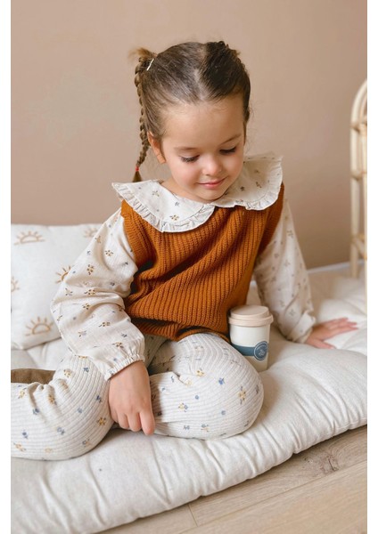 (2-7 Yaş) Dokuma Yaka ve Kol Çiçek Detaylı Triko Kız çocuk takım - Kiremit modelleri
