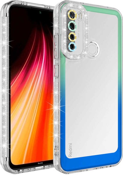 Xiaomi Redmi Note 8 Uyumlu Kılıf Simli ve Renk Geçiş Tasarımlı Lens Korumalı Park Kapak Yeşil-Mavi