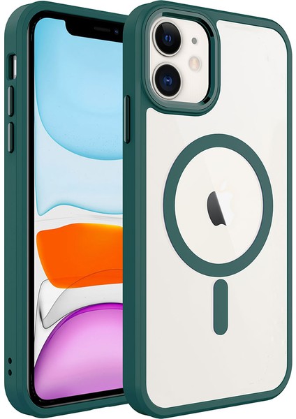 Apple iPhone 11 Uyumlu Kılıf Wireless Şarj Özellikli Krom Magsafe Silikon Kapak, Koyu Yeşil