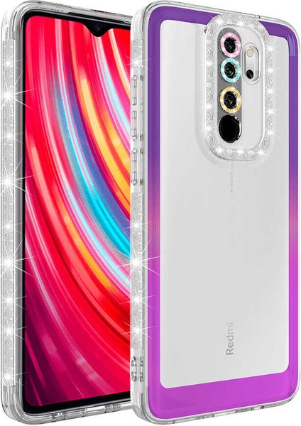 Xiaomi Redmi Note 8 Pro Uyumlu Kılıf Simli ve Renk Geçiş Tasarımlı Lens Korumalı Park Kapak, Mor-Pembe
