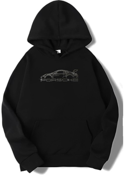 Unisex Oversize Porsche Kristal Taş Baskılı Hoodie