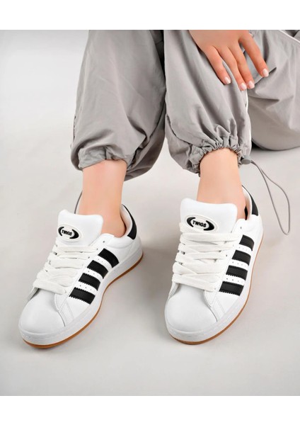 Unisex Klasik Bağcıklı Ortopedik Spor Sneaker Ayakkabı-Beyaz-Siyah