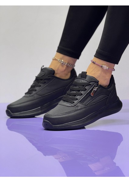 Kadın Fermuarlı Fuspetli Faylon Taban Spor Ayakkabı-Siyah