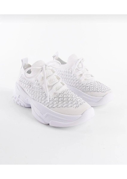 Bağcıklı Taş Desenli Kadın Spor Ayakkabı-Beyaz